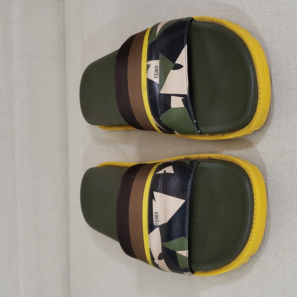 Fendi Olive Green Yellow Brown Patterned Slide Sandals